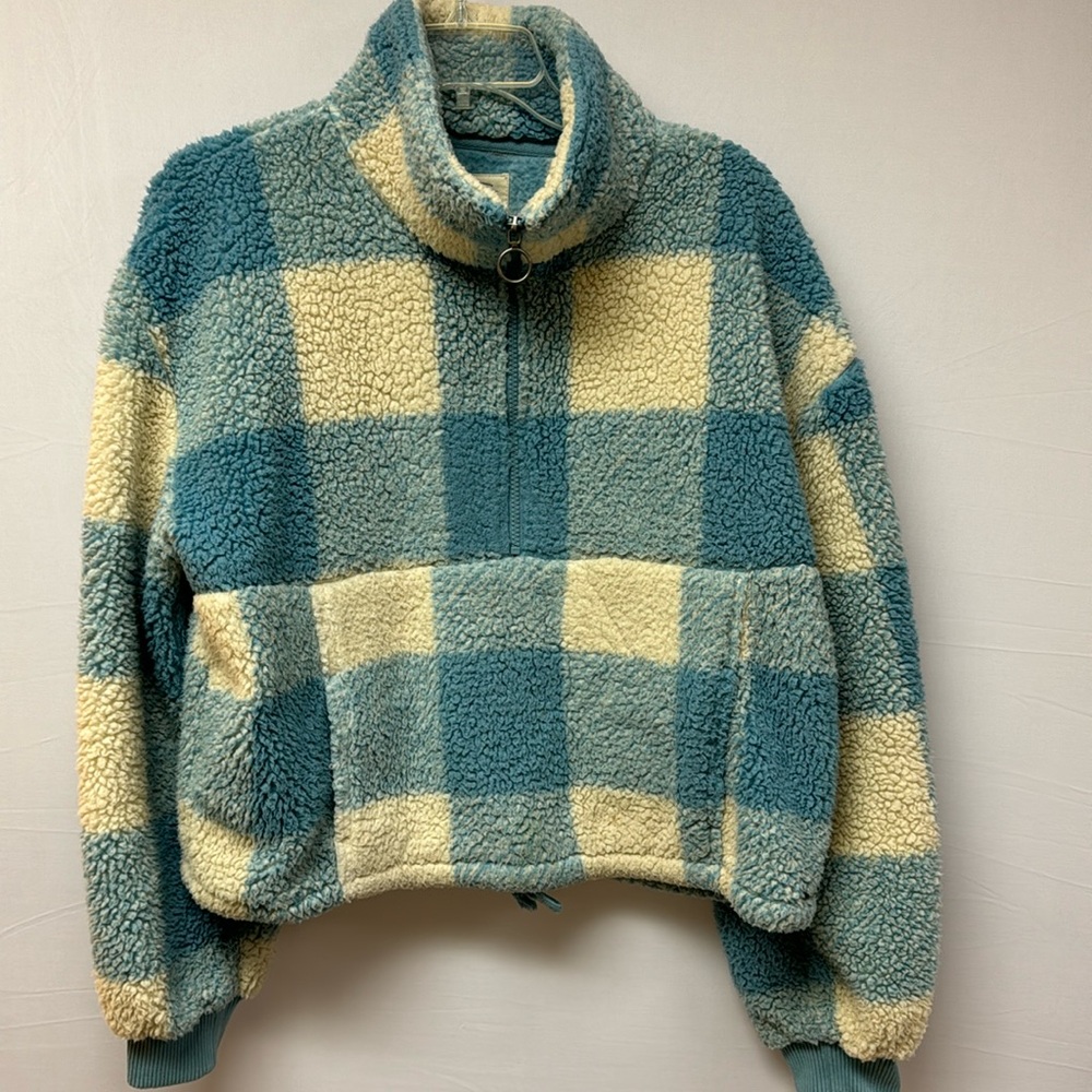 Billabong Pullover Jacket Half Zip Women’s Blue Cream Buffalo Check Size Medium